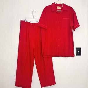 The Linen Connection Henri Valdisi Mens Red 100% Linen Shirt and Pants Set 34x34